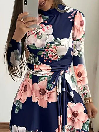 EQURİ Kadın Uzun Kollu Yuvarlak Yakalı Beli Kuşaklı Desenli Süprem Uzun Elbise