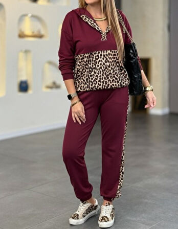 EQURİ Kadın Uzun Kollu Kapşonlu Leopar Desen Detaylı Viskon Iki Iplik Bluz Ve Pantolon Ikili Takım