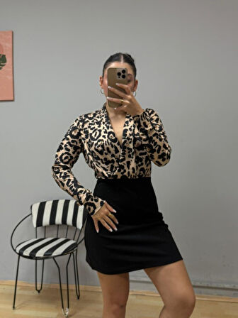 EQURİ Kadın Uzun Kollu Kruvaze Yakalı üst Dalgıç Alt Ithal Krep Mini Elbise