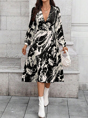 EQURİ Kadın Uzun Kollu Kruvaze Yakalı Yandan Bağlamalı Desenli Mini Modal Elbise