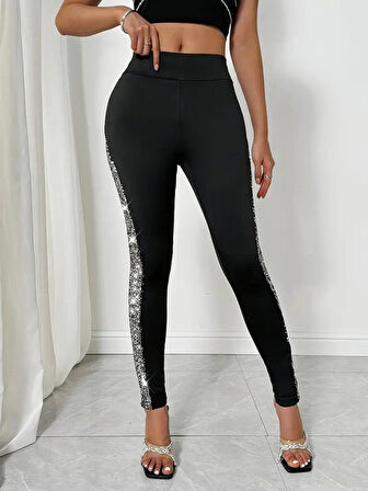 EQURİ Kadın Yüksek Bel Yarı şerit Pul Payetli Dalgıç Tayt