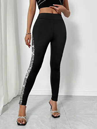 EQURİ Kadın Yüksek Bel Yarı şerit Pul Payetli Dalgıç Tayt