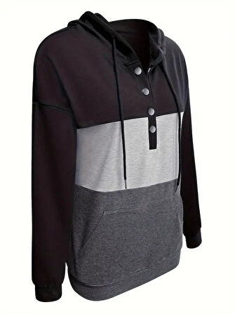 EQURİ Kadın Uzun Kollu Kapşonlu çok Renkli Iki Iplik Bluz