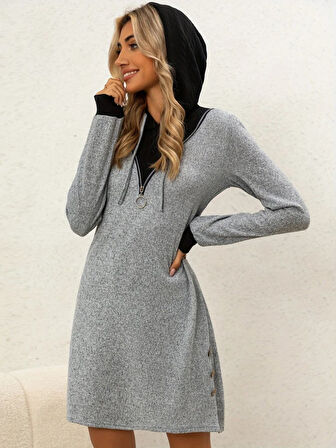 EQURİ Kadın Uzun Kollu Kapşonlu önden Fermuarlı Düğmeli Mini Iki Iplik Elbise