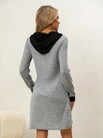 EQURİ Kadın Uzun Kollu Kapşonlu önden Fermuarlı Düğmeli Mini Iki Iplik Elbise