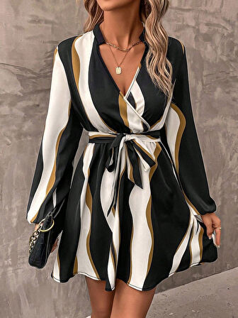 EQURİ Kadın Uzun Kollu Kruvaze Yakalı Desenli Modal Mini Elbise