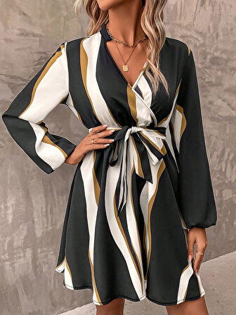 EQURİ Kadın Uzun Kollu Kruvaze Yakalı Desenli Modal Mini Elbise