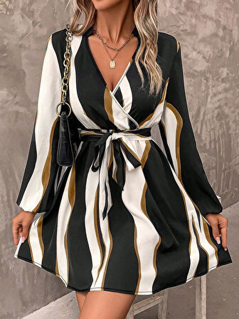 EQURİ Kadın Uzun Kollu Kruvaze Yakalı Desenli Modal Mini Elbise