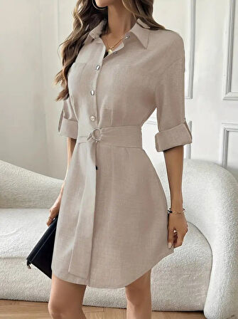 EQURİ Kadın Uzun Kollu Yakalı önden Düğmeli Beli Kuşaklı Mini Ithal Keten Elbise