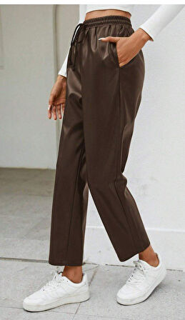 EQURİ Kadın Yüksel Bel Bağcıklı Deri Pantolon