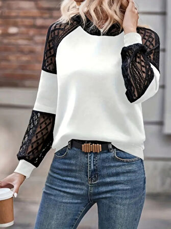 EQURİ Kadın Uzun Kollu Dantelli Kapşonlu Viskon Iki Iplik Bluz