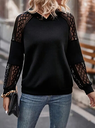 EQURİ Kadın Uzun Kollu Dantelli Kapşonlu Viskon Iki Iplik Bluz