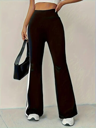 EQURİ Kadın Yüksek Bel İspanyol Paçalı Yanlardan şerit Detaylı Dalgıç Tayt Pantolon