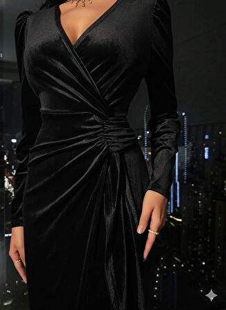 EQURİ Kadın Uzun Kollu Kruvaze Yakalı Yandan Büzgülü Midi Kadife Elbise