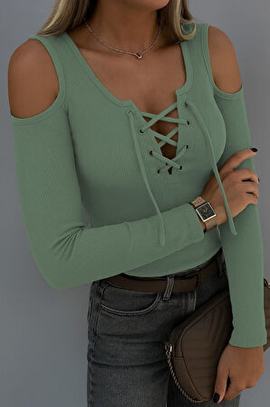 EQURİ Kadın Omuzlardan Açık Uzun Kollu Bağcıklı Kaşkorse Bluz