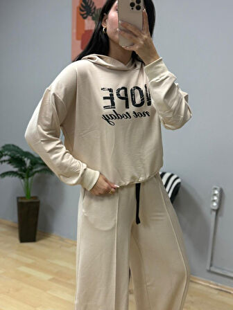 EQURİ Kadın Uzun Kollu Nope Baskılı Beli Ribanalı Ikili Takım