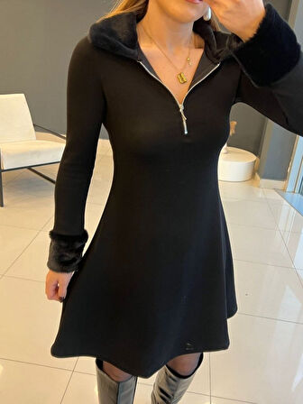 EQURİ Kadın Uzun Kollu Kürk Yakalı Fermuarlı Kısa Viskon Iki Iplik Elbise