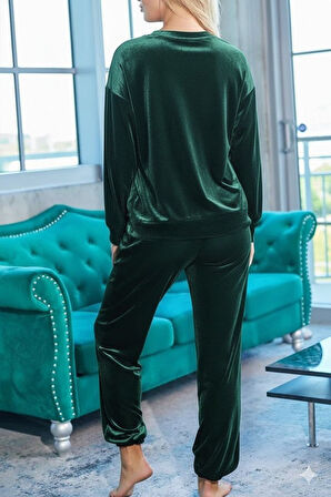 EQURİ Kadın Uzun Kollu Yuvarlak Yakalı Kadife Bluz Ve Pantolon Takım