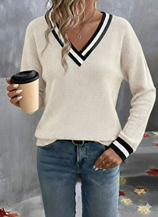 EQURİ Kadın Uzun Kollu V Yakalı Waffle Bluz