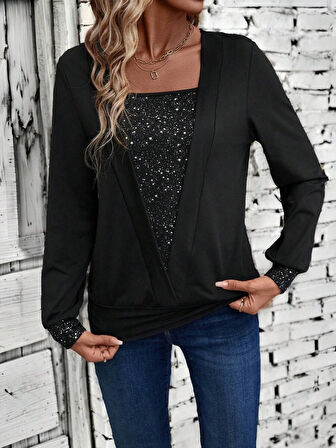 EQURİ Kadın Uzun Kollu V Yakalı Içi Süprem Desenli Dışı Viskon Bluz