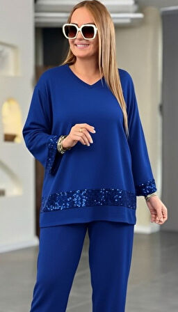 EQURİ Kadın Uzun Kollu V Yakalı Pulpayet Viskon Iki Iplik Bluz Ve Pantolon Takım