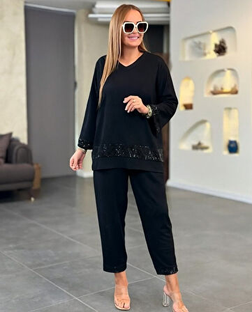 EQURİ Kadın Uzun Kollu V Yakalı Pulpayet Viskon Iki Iplik Bluz Ve Pantolon Takım