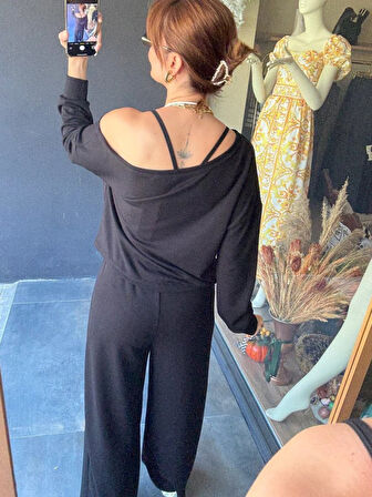 EQURİ Kadın Uzun Kollu Tek Omuzdan Açık Viskon Iki Iplik Bluz Ve Pantolon Ikili Takım