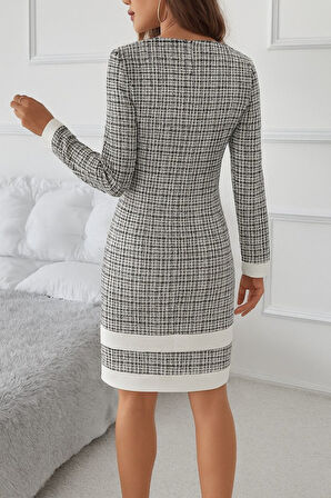 EQURİ Kadın Uzun Kollu Yuvarlak Yaka Etek Ucu şerit Detaylı Mini Dokuma Elbise