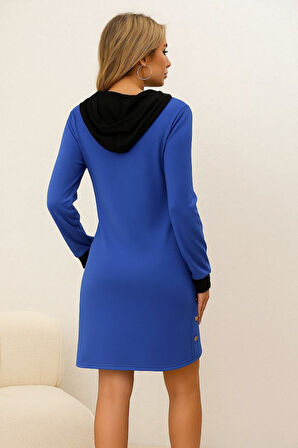 EQURİ Kadın Uzun Kollu Kapşonlu önden Fermuarlı Düğmeli Mini Iki Iplik Elbise