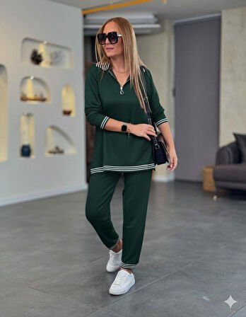 EQURİ Kadın Uzun Kollu Fermuarlı şerit Detay Desenli Alt üst Ikili Viskon Iki Iplik Takım