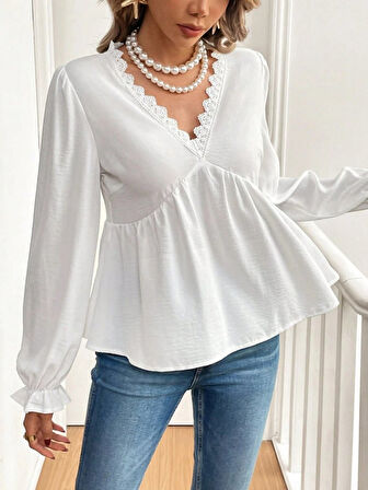 EQURİ Kadın Uzun Kollu V Dantel Yaka Aerobin Bluz