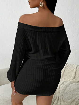 EQURİ Kadın Uzun Kollu Madonna Yaka Yanlardan Büzgülü şardonlu Kaşkorse Mini Elbise