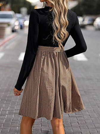 EQURİ Kadın Uzun Kollu Yuvarlak Yaka üst Viskon Alt Süprem Midi Elbise