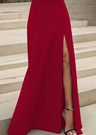 EQURİ Kadın Uzun Kollu Madonna Yakalı Yırtmaç Detaylı Uzun Ithal Krep Elbise