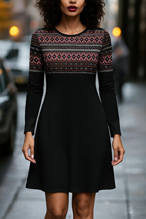EQURİ Kadın Uzun Kollu Bisiklet Yaka Etnik Desenli Kısa şardonlu Dalgıç Elbise
