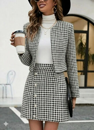 EQURİ Kadın Uzun Kollu önü Açık Dokuma Ceket Ve Mini Etek Ikili Takım