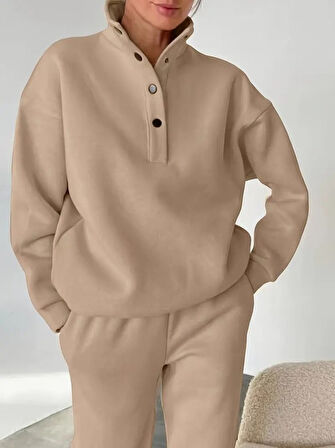 EQURİ Kadın Uzun Kollu Balıkçı Dik Yakalı Düğmeli üç Iplik Bluz Ve Pantolon Ikili Takım