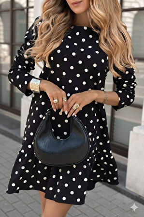 EQURİ Kadın Uzun Kollu Bisiklet Yaka Fırfırlı Puantiyeli Kısa Modal Elbise