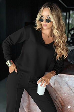 EQURİ Kadın Uzun Kollu V Yakalı Viskon Iki Iplik Bluz Ve Pantolon Ikili Takım