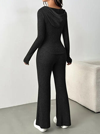 EQURİ Kadın Uzun Kollu Kapşonlu önden Fermuarlı Kaşkorse Bluz Ve Pantolon Ikili Takım