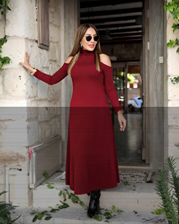 EQURİ Kadın Balıkçı Yaka Omuzlardan Açık Uzun Kollu Janjan Krep Elbise