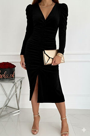 EQURİ Kadın Uzun Kollu Derin Kruvaze Yakalı önden Büzgülü Yırtmaç Detaylı Kadife Midi Elbise