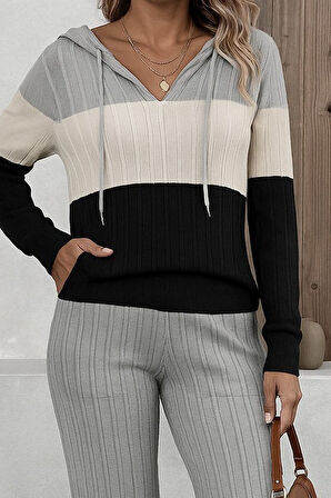 EQURİ Kadın Uzun Kollu Kapşonlu Bağcıklı Blok Renkli şardonlu Kaşkorse Bluz Ve Pantolon Ikili Takım