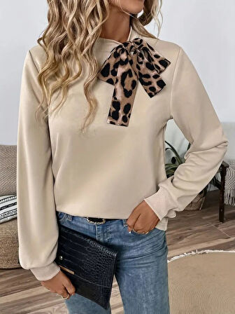 EQURİ Kadın Uzun Kollu Yakadan Bağlamalı Viskon Iki Iplik Bluz