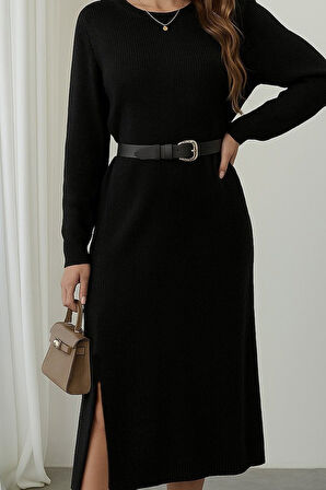 EQURİ Kadın Uzun Kollu Bisiklet Yaka Yandan Yırtmaçlı Midi Triko Elbise