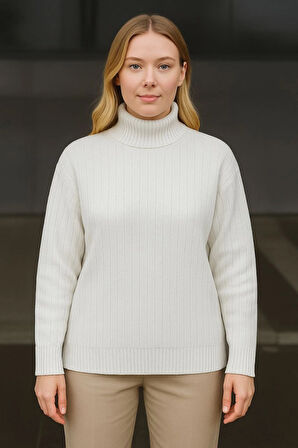 EQURİ Balıkcı Yaka Bağazlı Triko Kazak Pamuklu Kalın Fitilli Dokuma - Beyaz