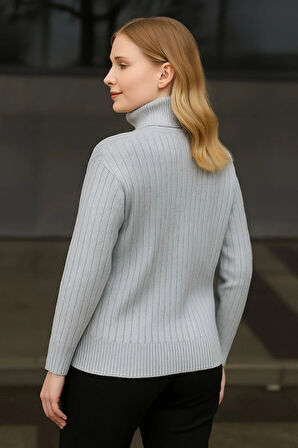 EQURİ Balıkcı Yaka Bağazlı Triko Kazak Pamuklu Kalın Fitilli Dokuma - Gri