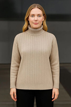 EQURİ Balıkcı Yaka Bağazlı Triko Kazak Pamuklu Kalın Fitilli Dokuma - Bej