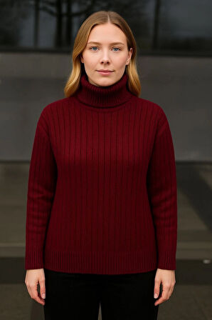 EQURİ Balıkcı Yaka Bağazlı Triko Kazak Pamuklu Kalın Fitilli Dokuma - Bordo