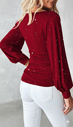 EQURİ Kadın Uzun Kollu Degaje Yaka Taşlı Sandy Bluz